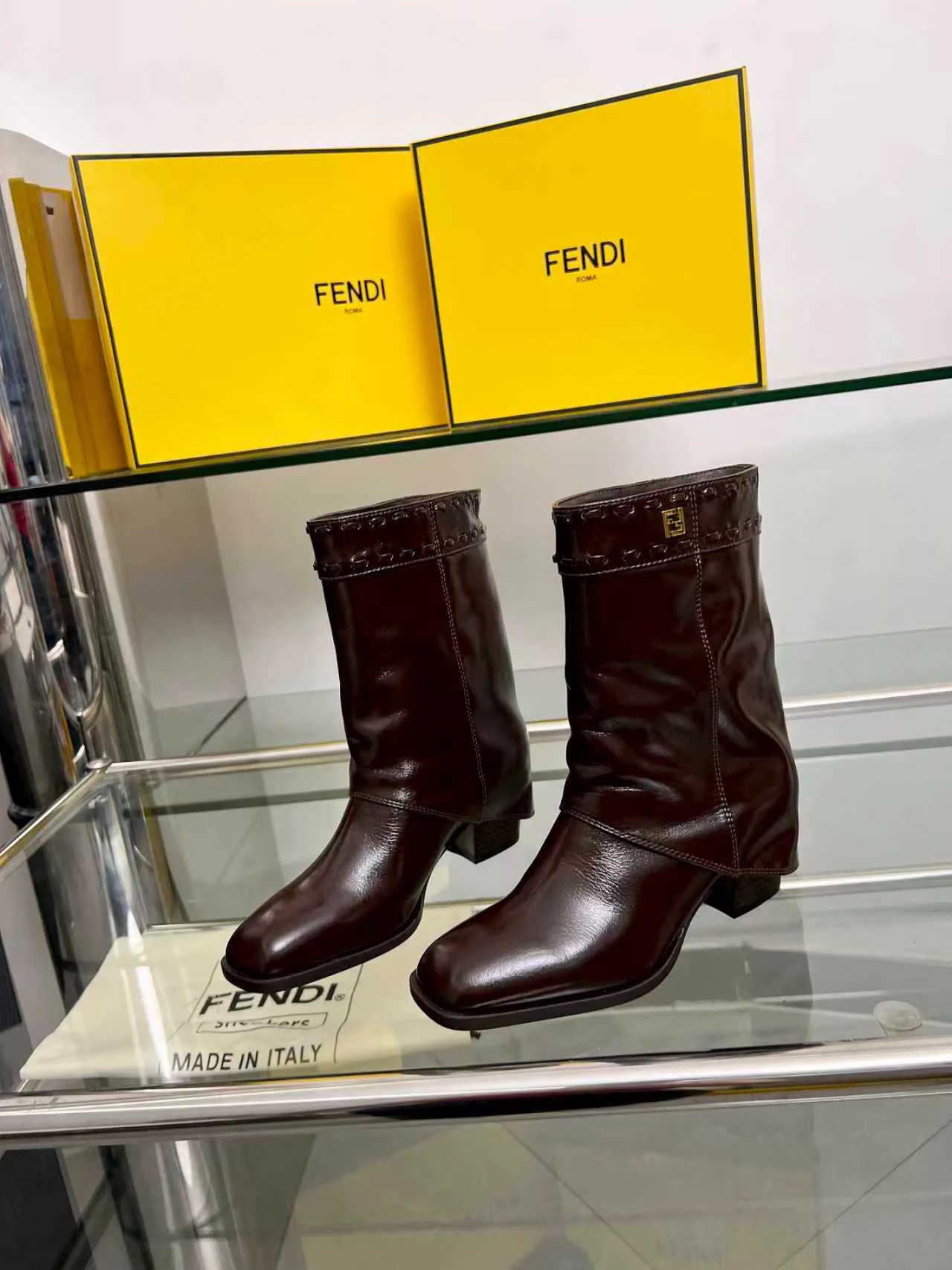 FENDI Brown Chunky Heel Cuffed Mid-Calf Boots image 1
