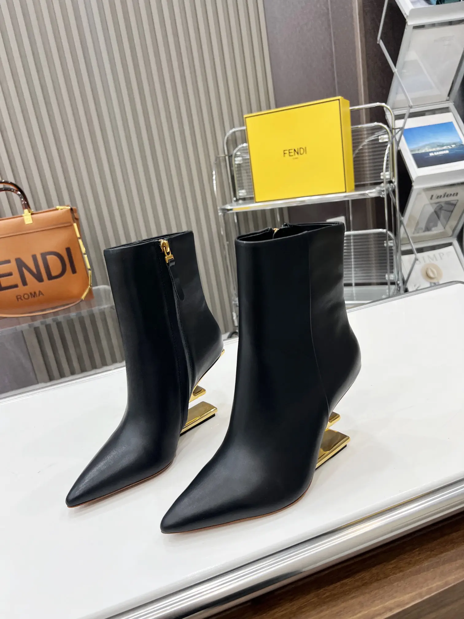 Fendi First Pointed Toe Ankle Boots with Gold F Heel image 1