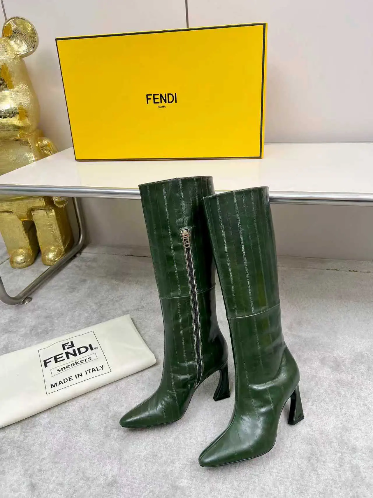 FENDI Green Pointed Toe Knee-High Heeled Boots image 1