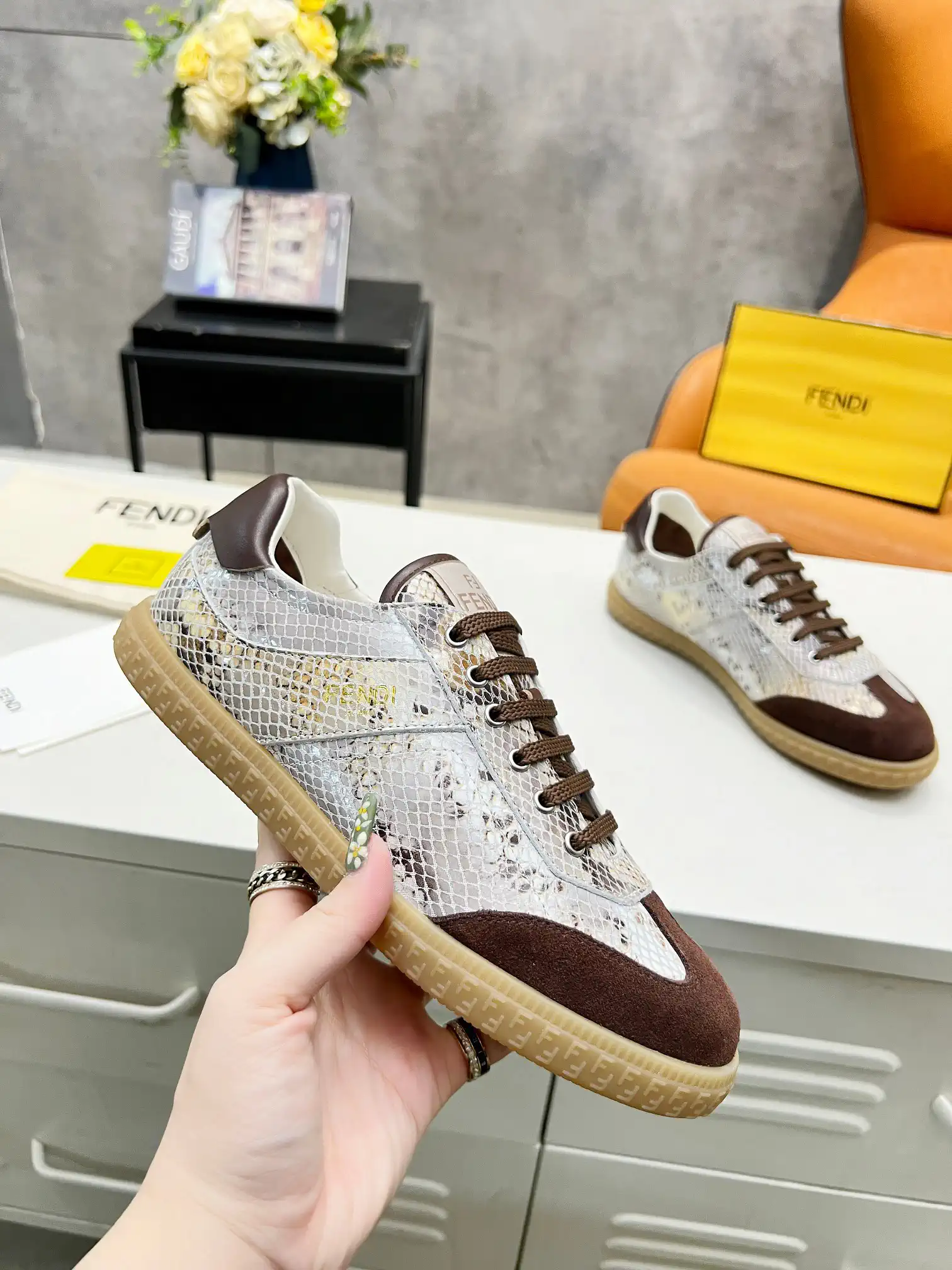 FENDI 2024 Spring Summer Snake Print Paneled Low-Top Sneakers image 1