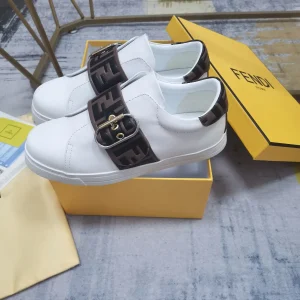 FENDI White Leather Slip-On Sneakers with FF Buckle Strap image 1