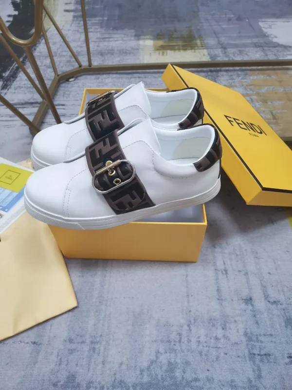 FENDI White Leather Slip-On Sneakers with FF Buckle Strap image 1