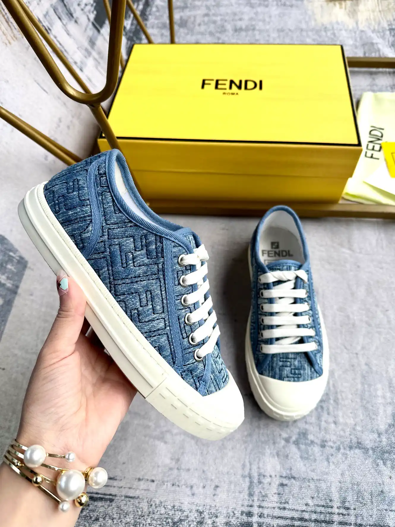 FENDI Domino Series Distressed Blue Denim Sneakers image 1