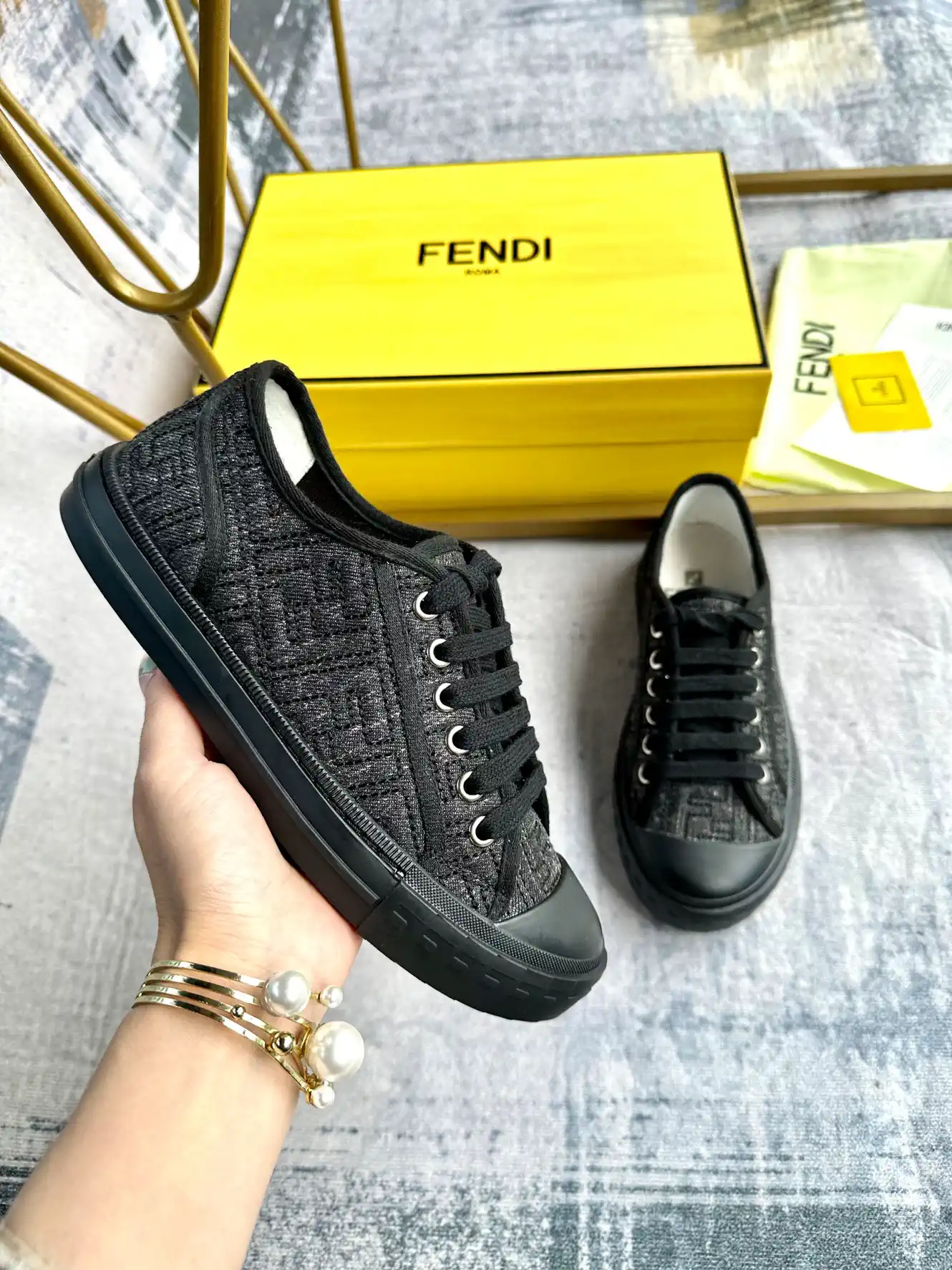 FENDI Domino Series Distressed Black Denim Sneakers image 1