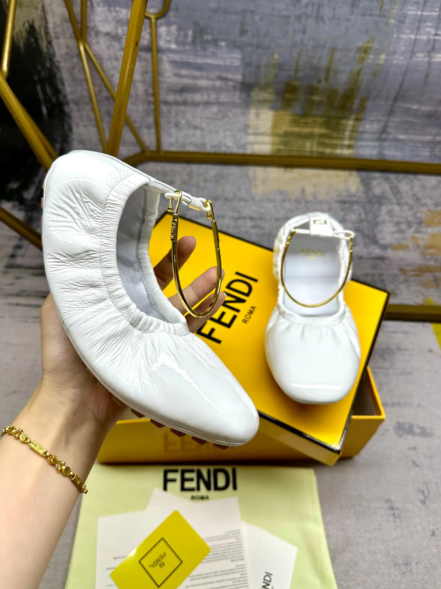 FENDI Filo Ruched Ballet Flats with Gold Ankle Strap image 1