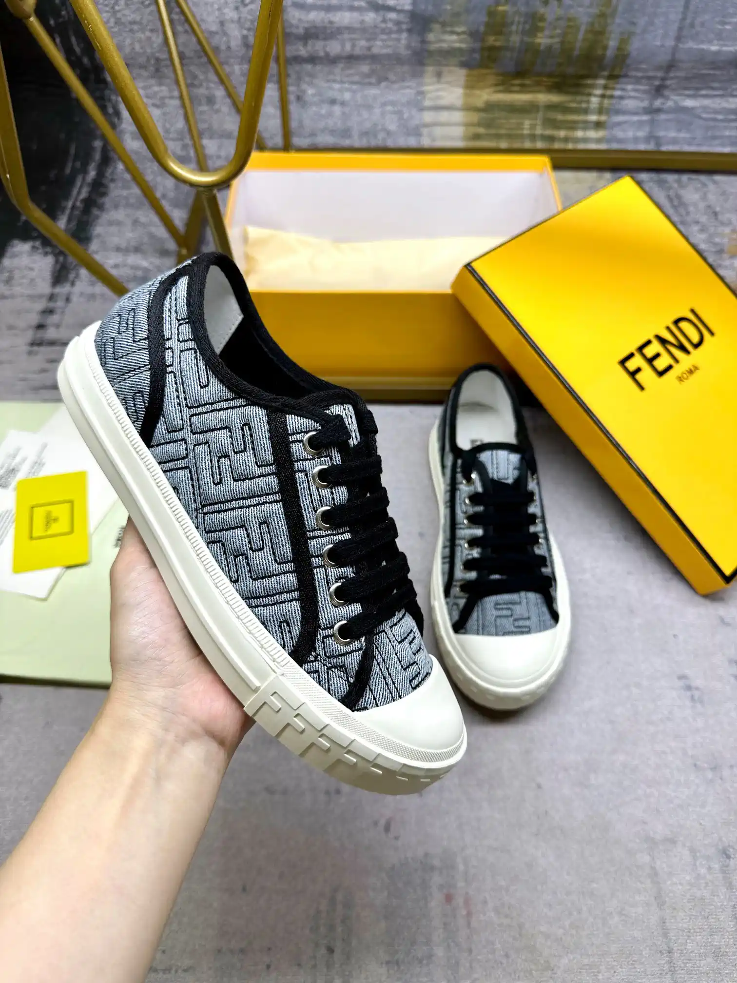 FENDI Domino Series Gray Denim Sneakers image 1