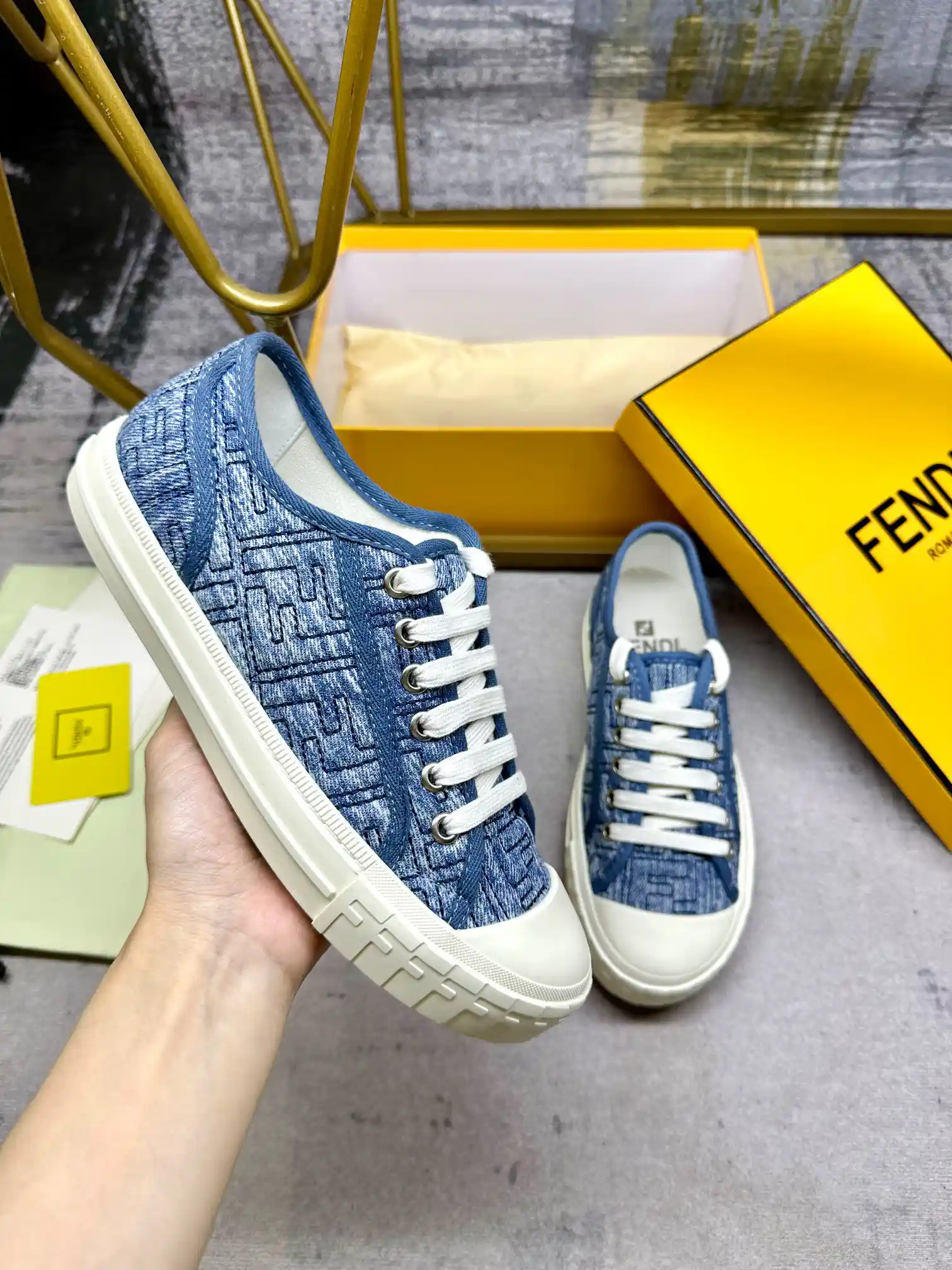 FENDI Domino Series Distressed Blue Denim Sneakers image 1