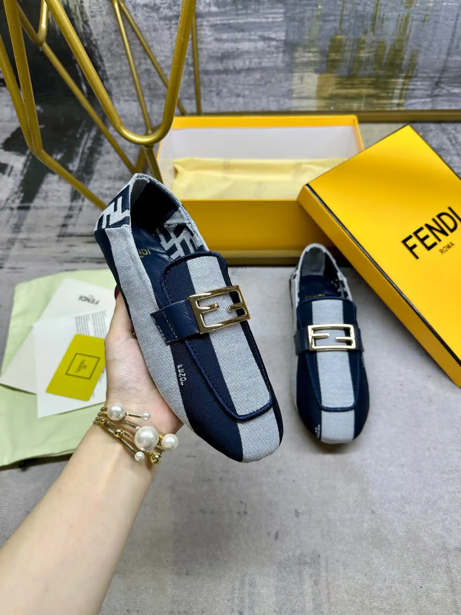 FENDI Striped Canvas Loafers with Gold Buckle image 1
