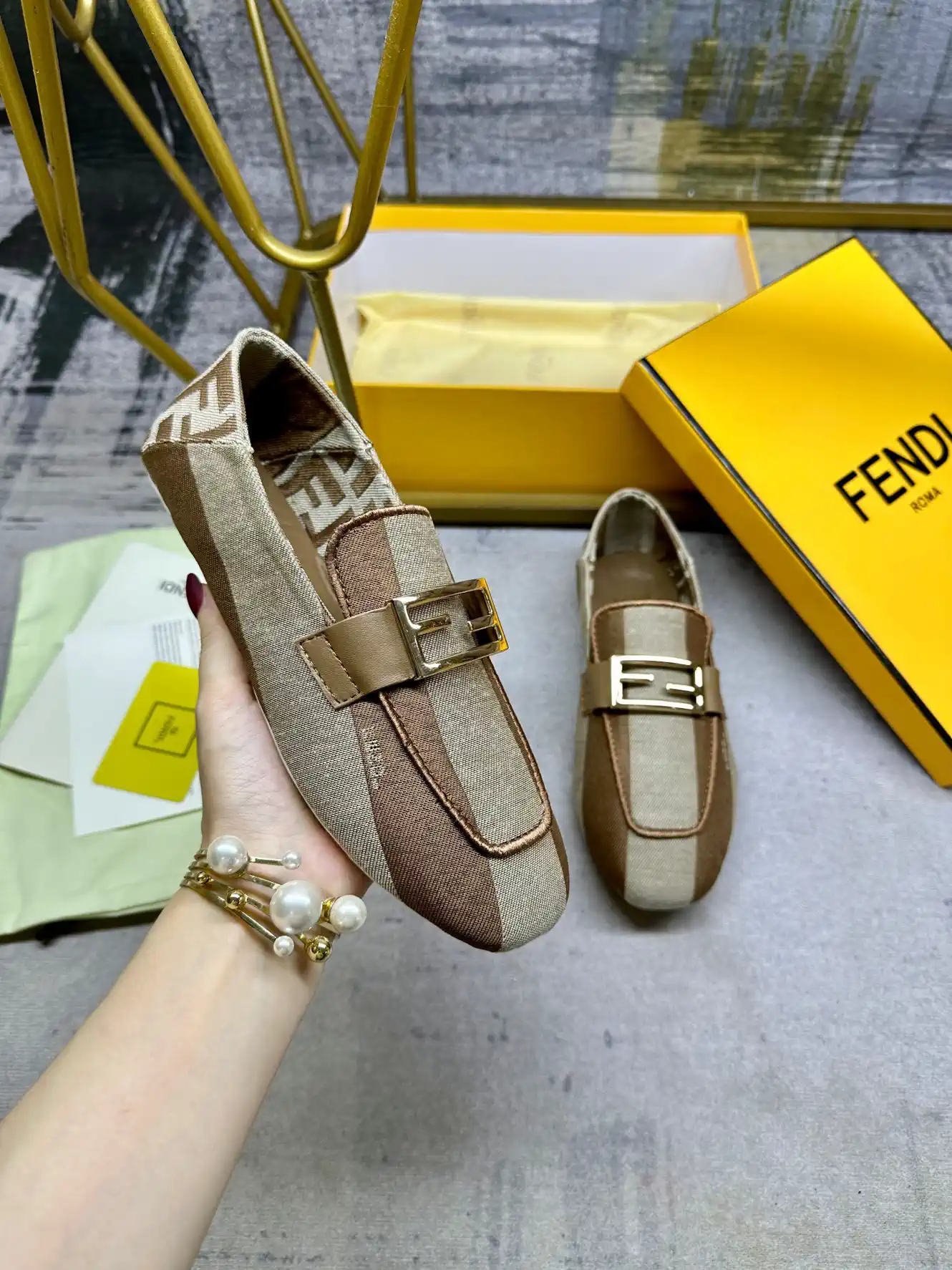 FENDI Two-Tone Striped Canvas Loafers with Gold Buckle image 1