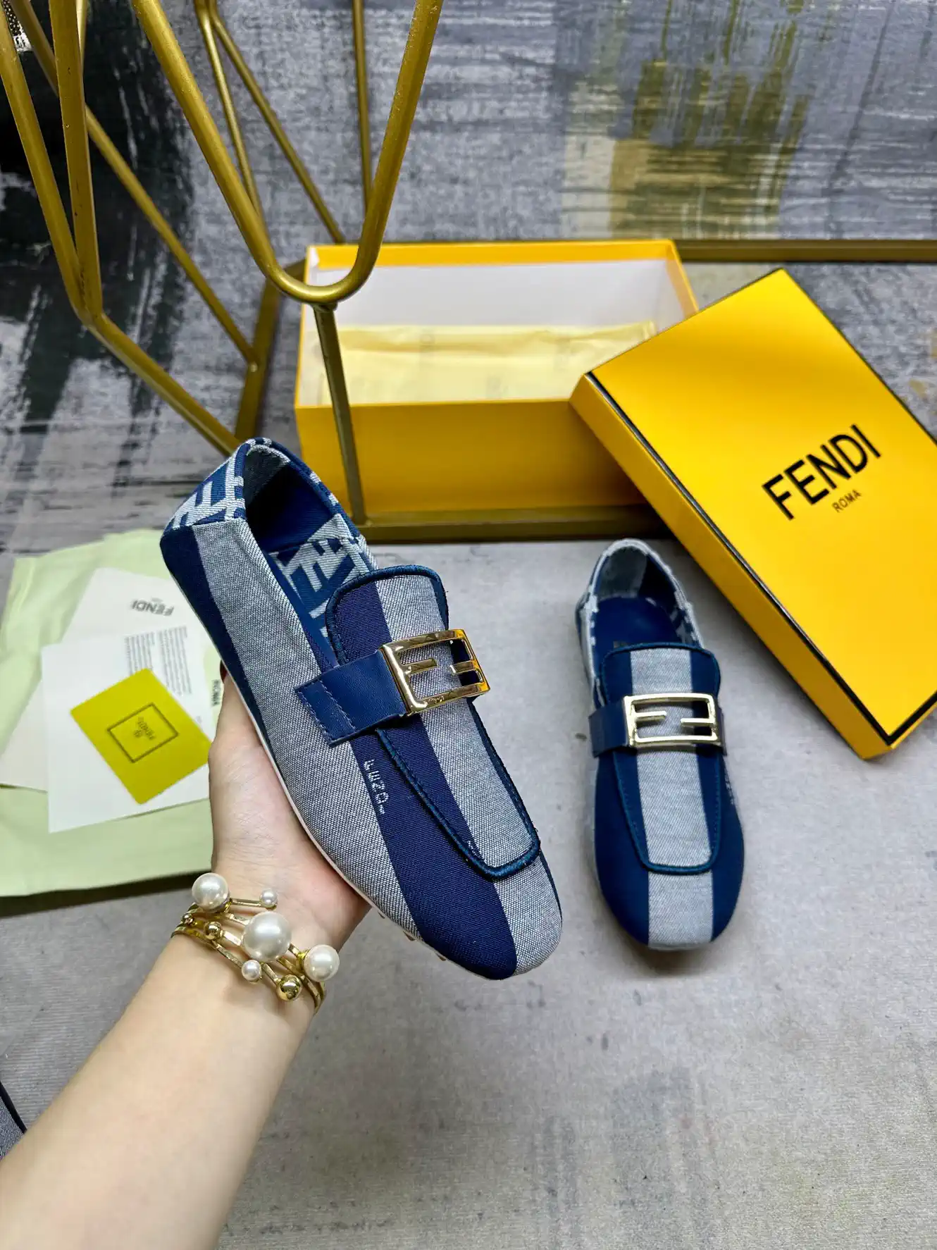 FENDI Two-Tone Striped Canvas Loafers with Gold Buckle image 1