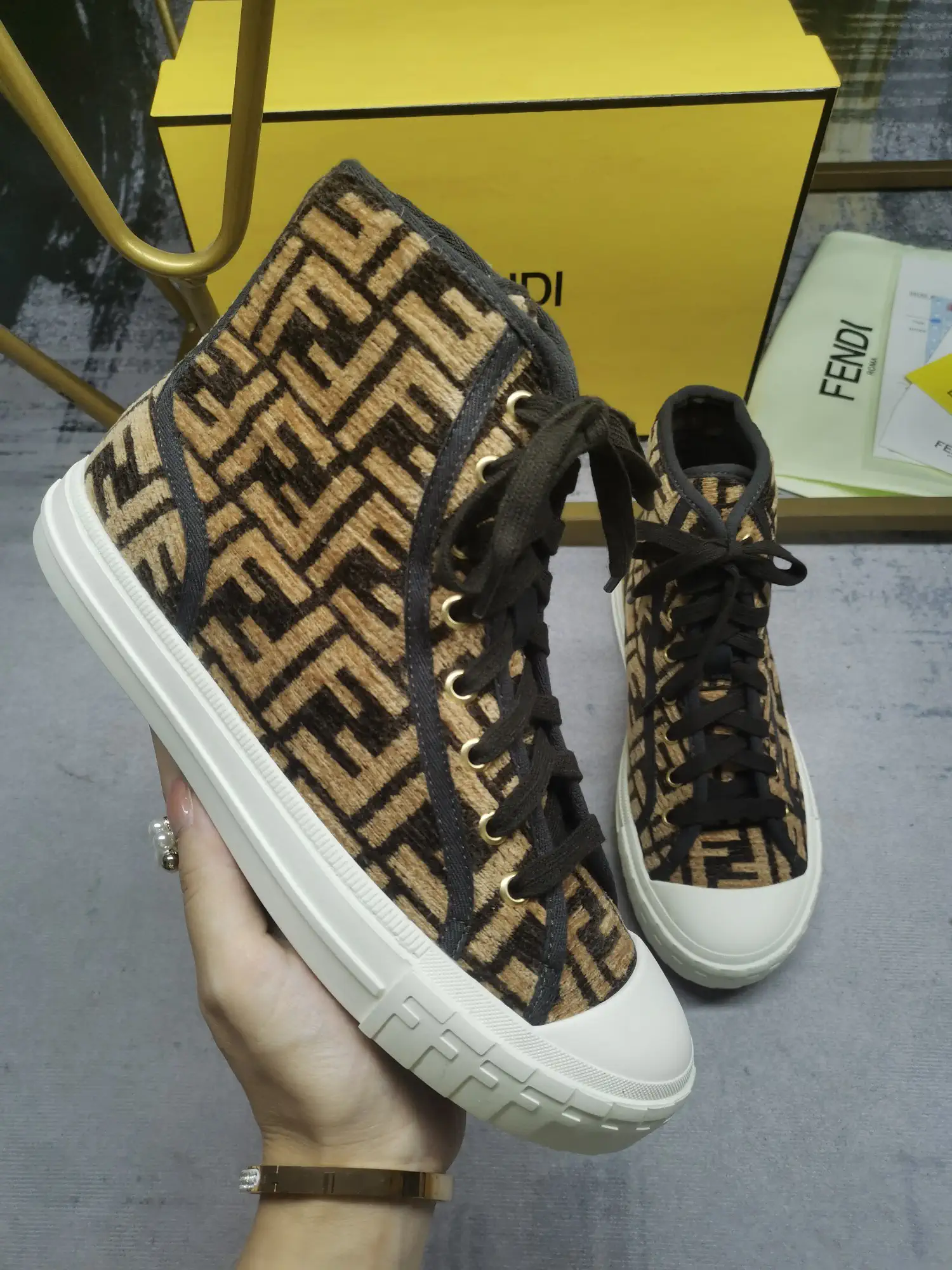 FENDI Domino FF Monogram High Top Canvas Casual Sneakers image 1