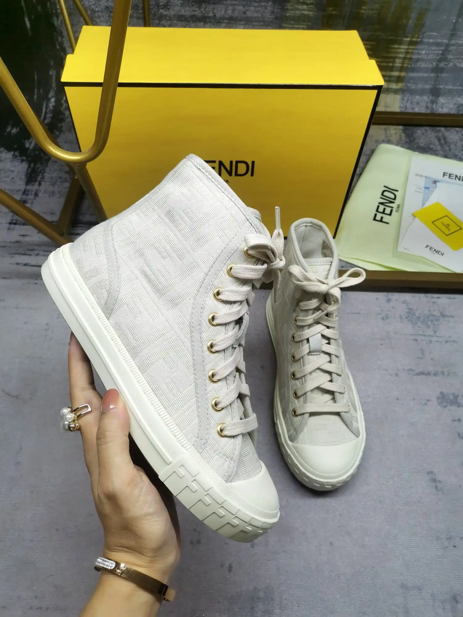 FENDI Domino FF Jacquard High-Top Canvas Casual Sneakers image 1