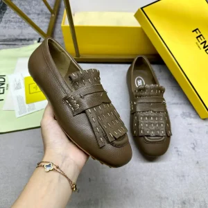 FENDI Brown Leather Loafers with Fringe Details image 1