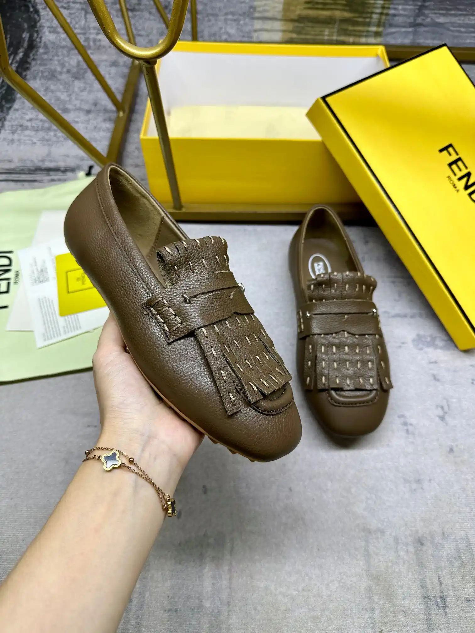 FENDI Brown Leather Loafers with Fringe Details image 1