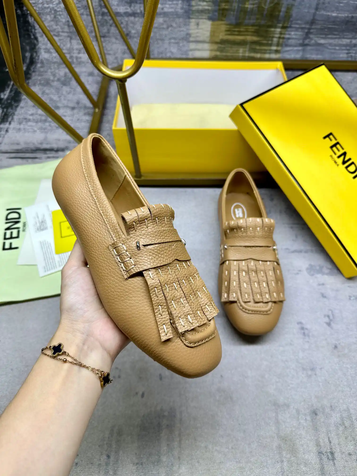 FENDI Apricot Lychee Pattern Cowhide Loafers image 1