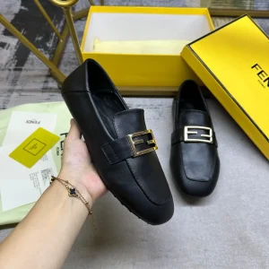FENDI Black Leather Loafers with Gold Buckle image 1