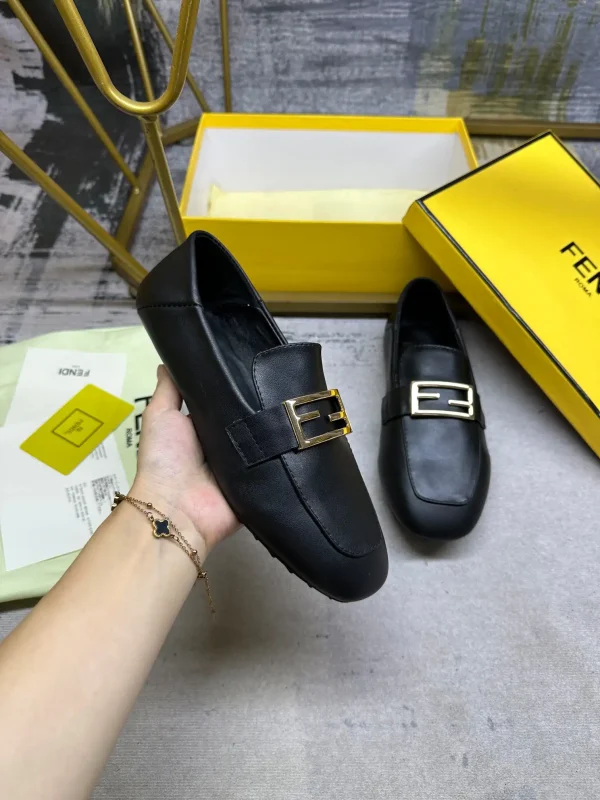 FENDI Black Leather Loafers with Gold Buckle image 1
