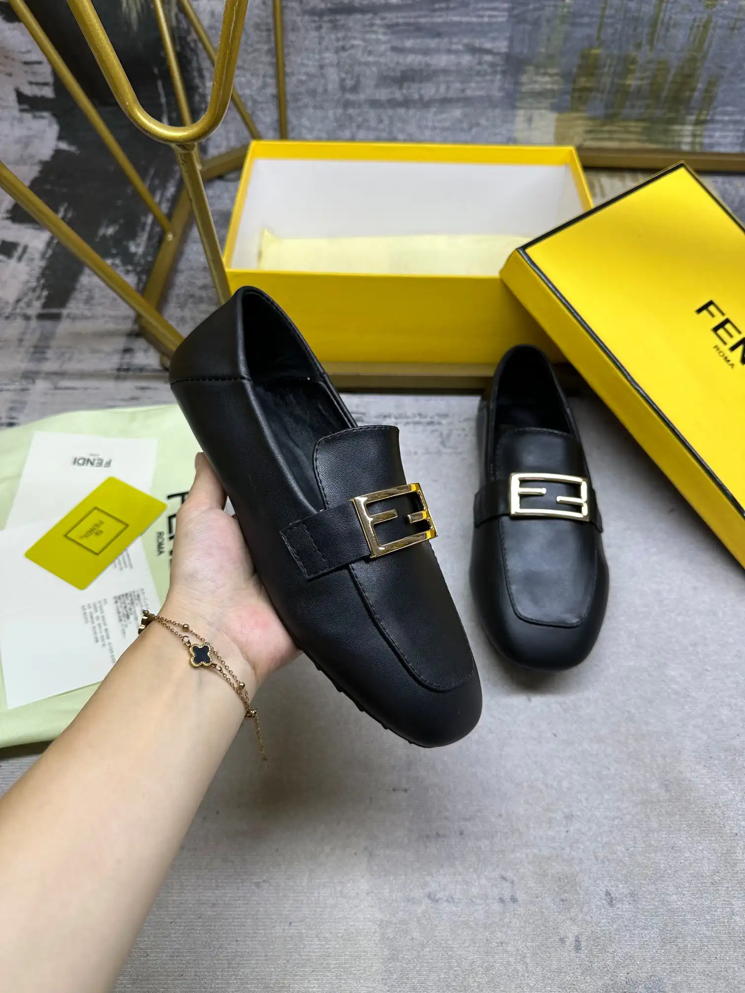 FENDI Black Leather Loafers with Gold Buckle image 1