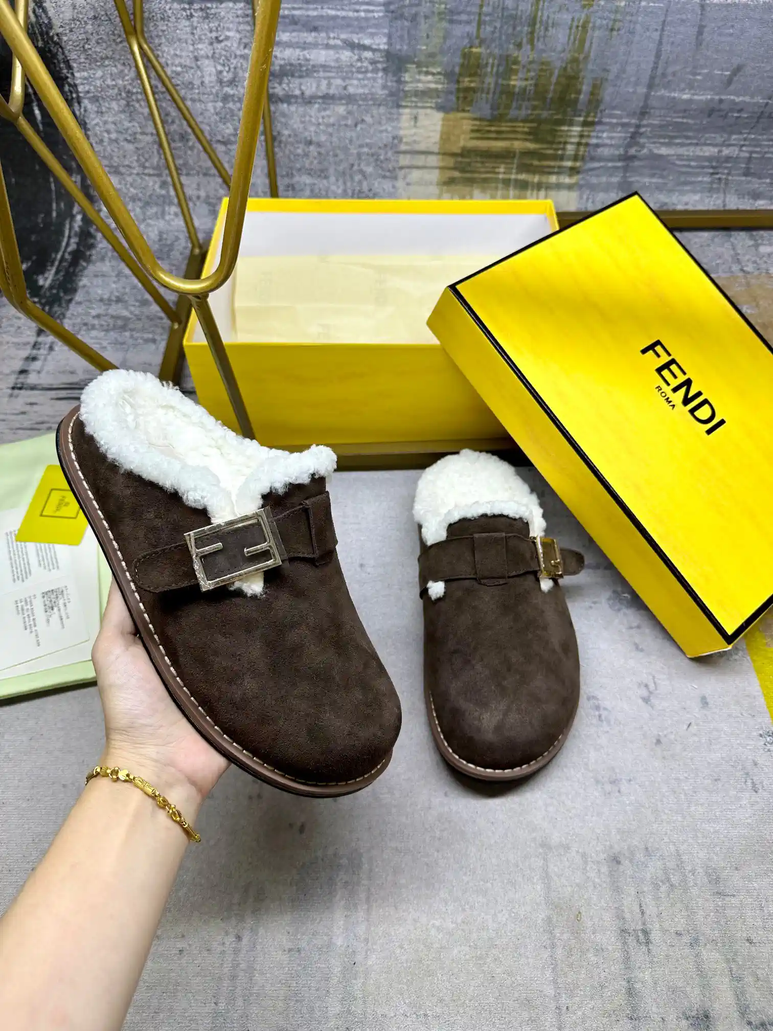 FENDI Furry Mule Slippers with FF Decorative Buckle image 1