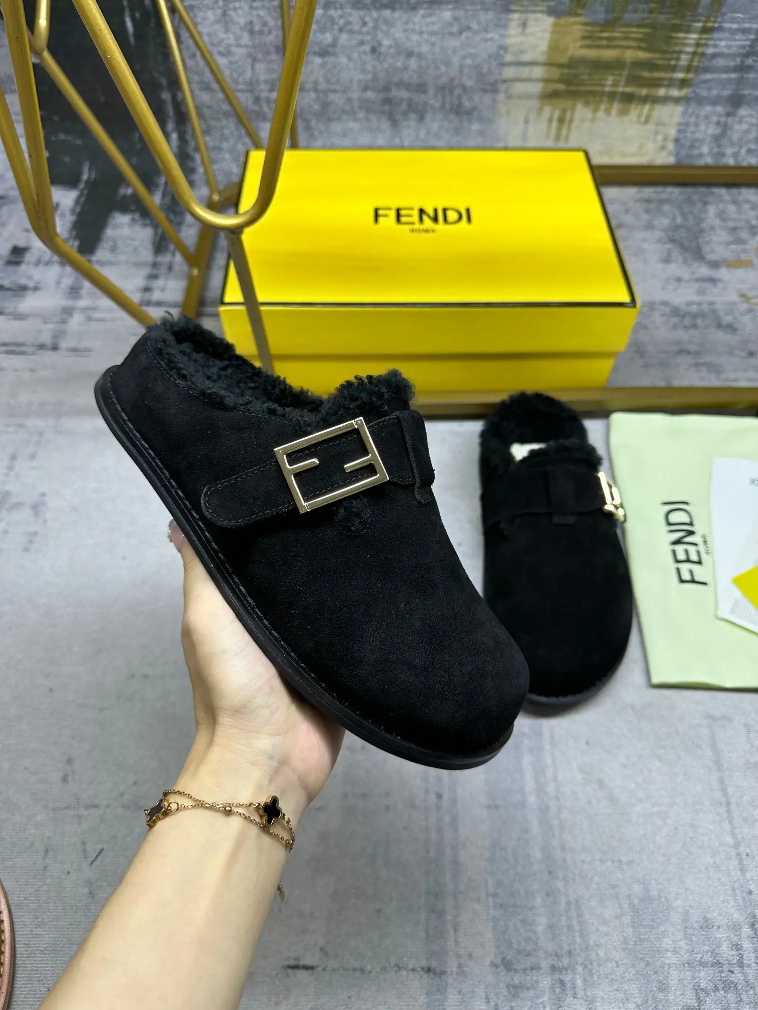 FENDI Furry Half Mules with FF Decorative Buckle image 1
