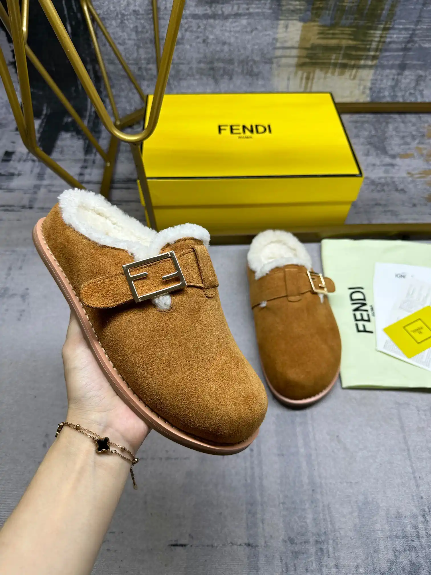 FENDI Furry Half Mules with FF Decorative Buckle image 1