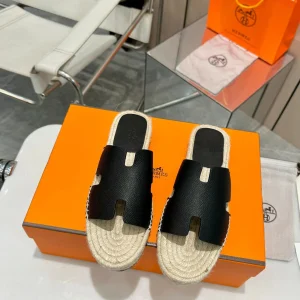 Men's H-Shaped Woven Hemp Rope Genuine Leather Sole Slippers image 1