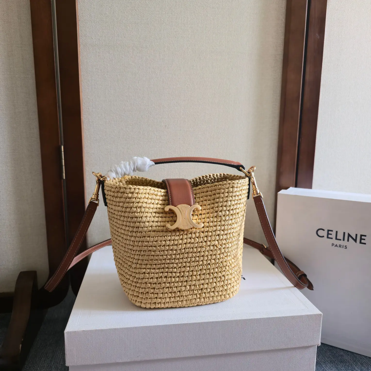 CELINE Mini Straw Bucket Bag with Triomphe Logo image 1