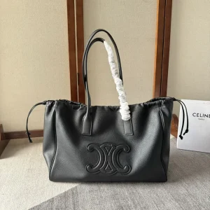 CELINE Black Leather Cabas Triomphe Drawstring Tote Bag image 1