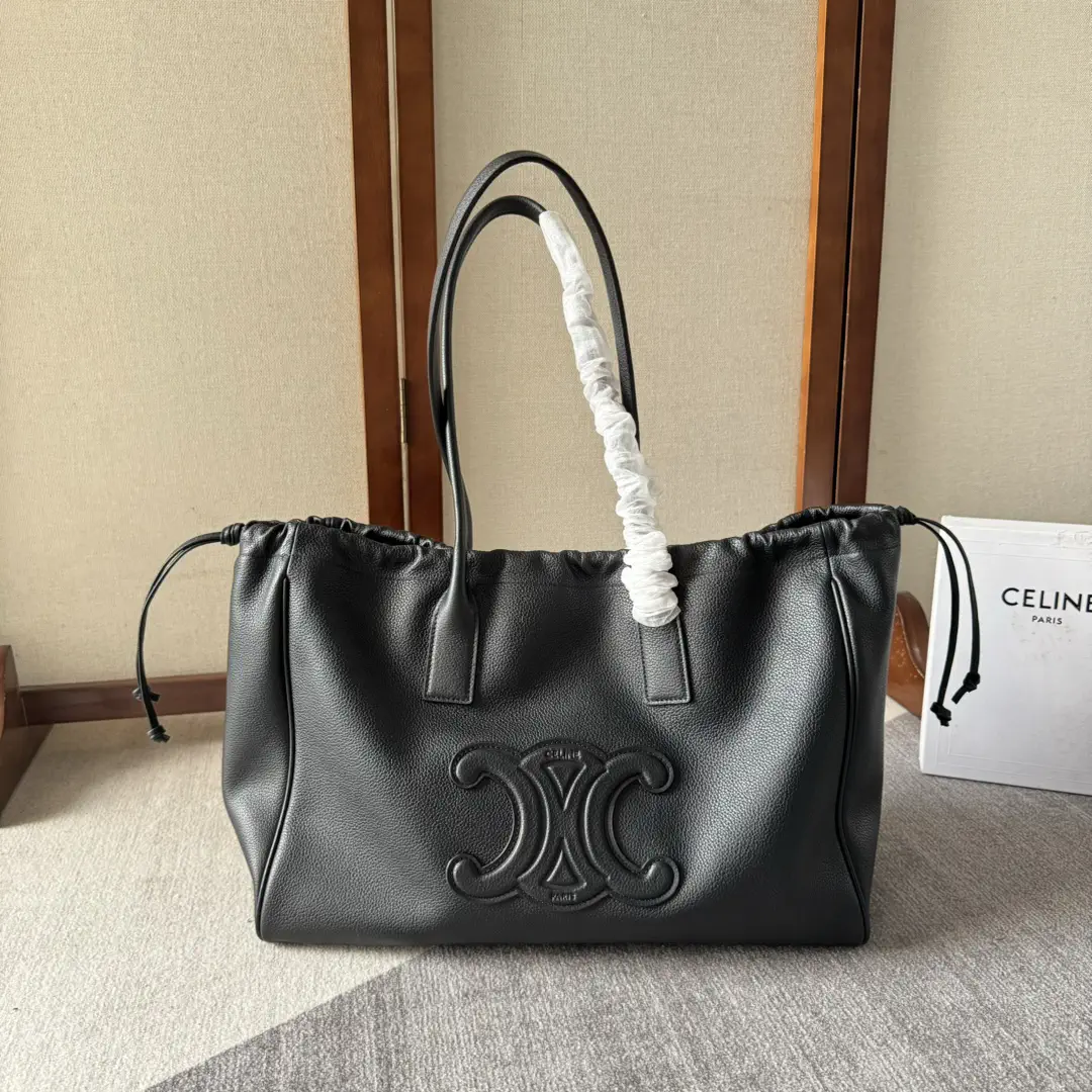 CELINE Black Leather Cabas Triomphe Drawstring Tote Bag image 1
