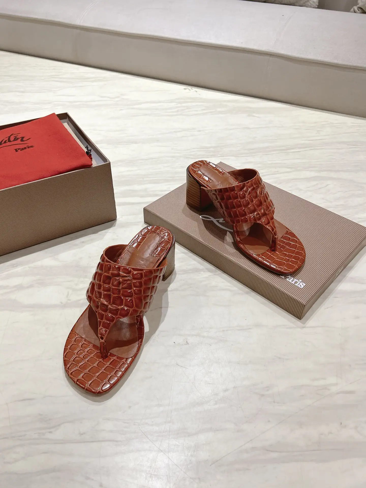 Croc-Embossed Leather Block Heel Thong Sandals image 1