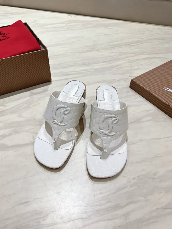 White Croc-Embossed Leather Block Heel Thong Sandals image 1