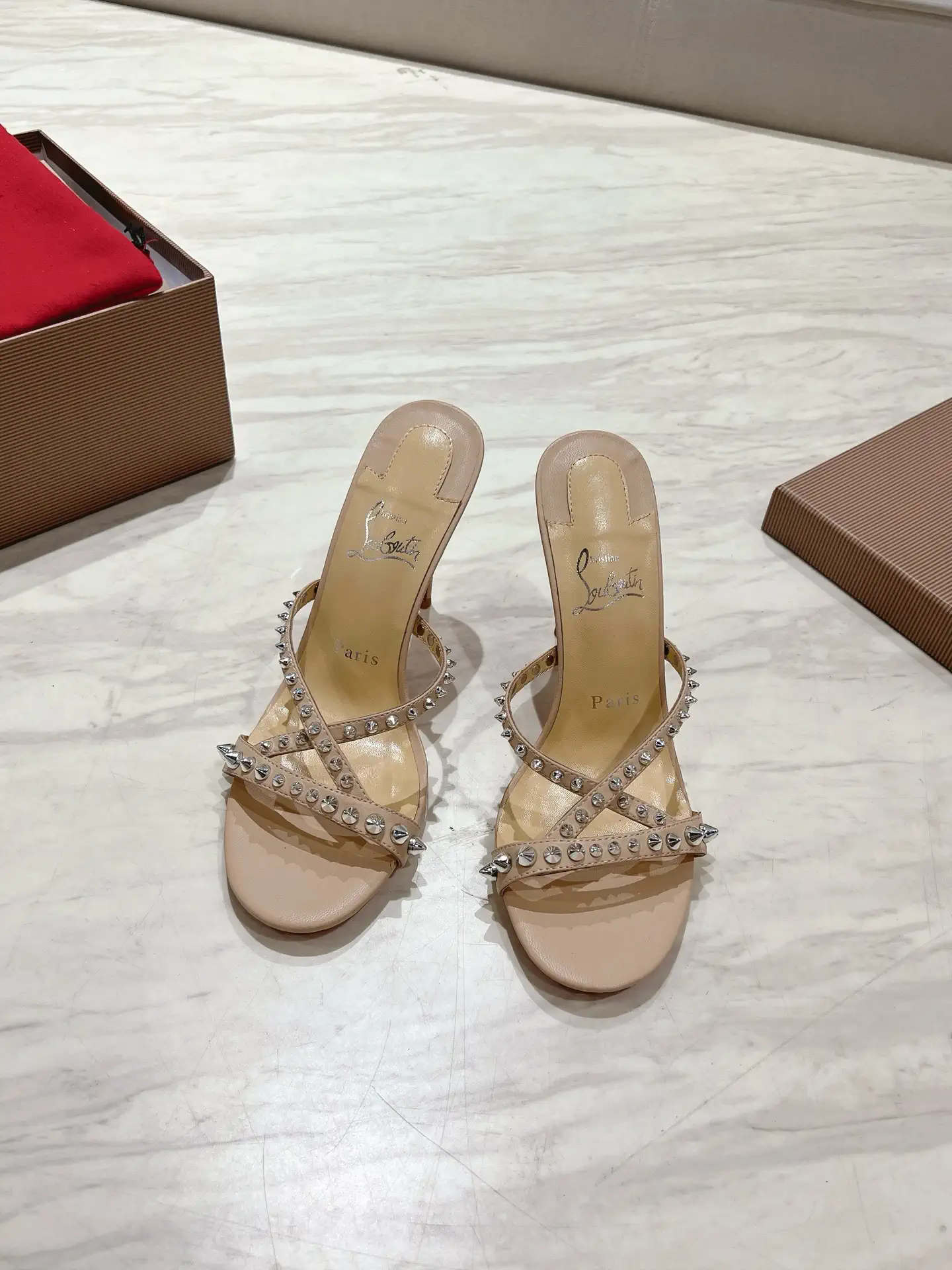 Spiked Cross Strap High Heel Slide Sandals image 1