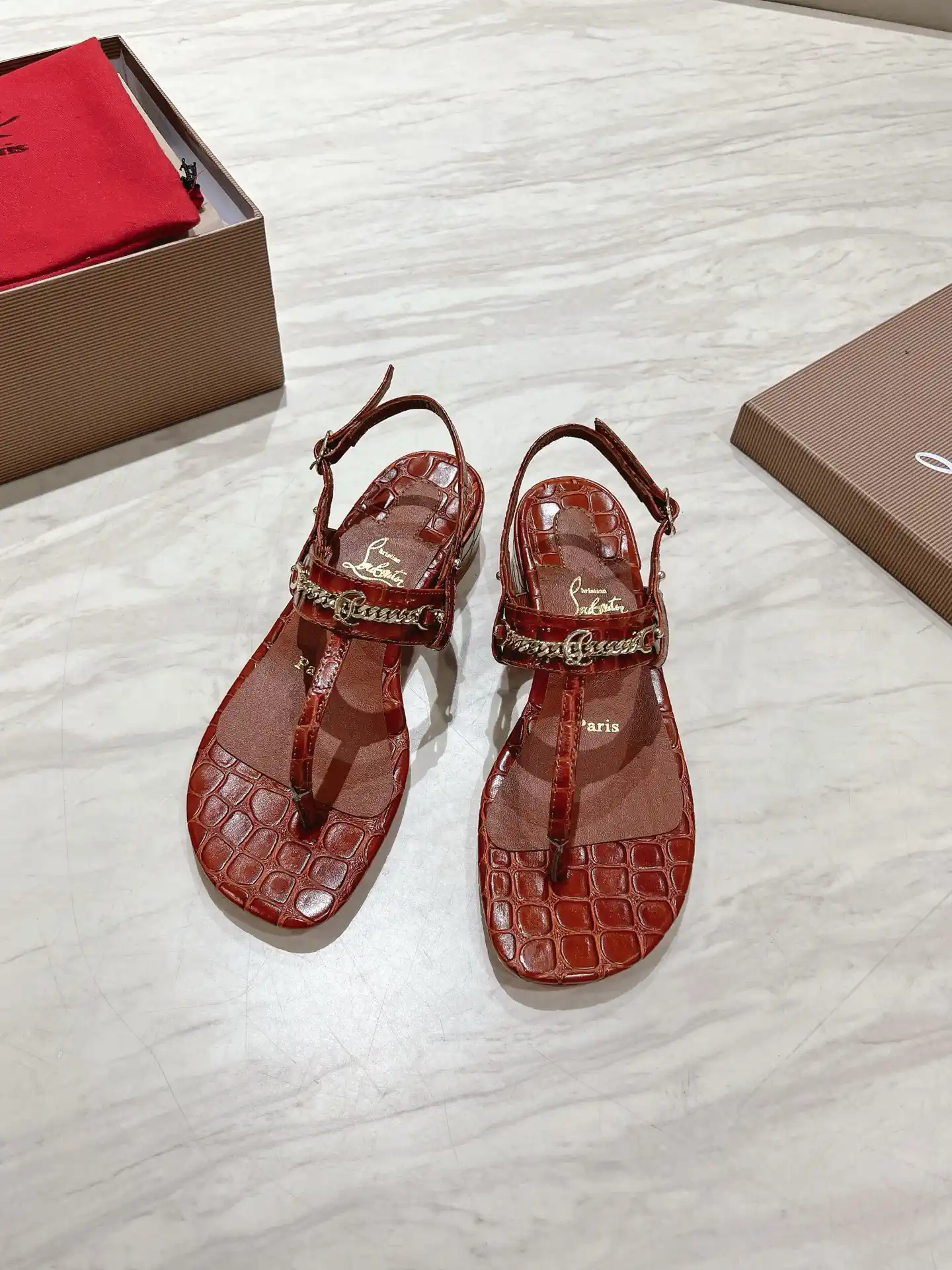 Women's Croc-Embossed Thong Heeled Sandals with Chain Detail image 1