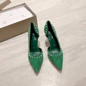 Green Suede Studded Pointed Toe High Heel Pumps image 1