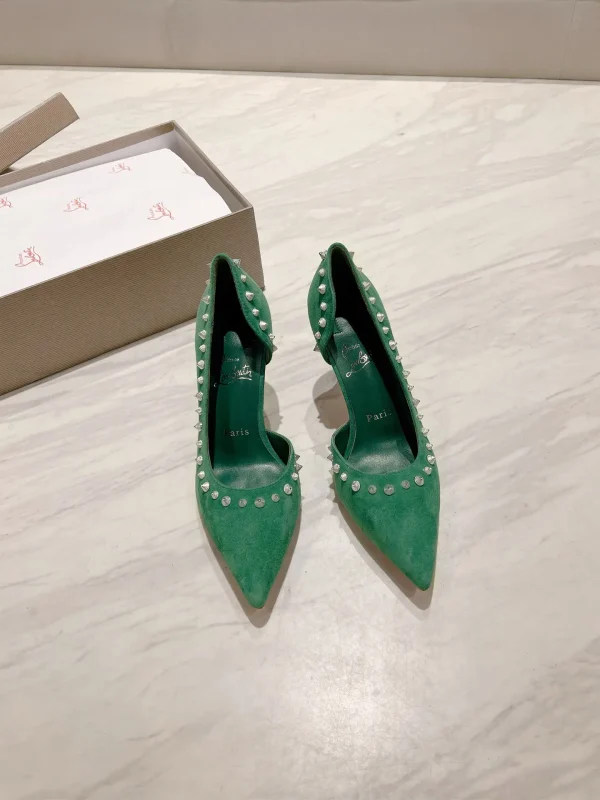 Green Suede Studded Pointed Toe High Heel Pumps image 1