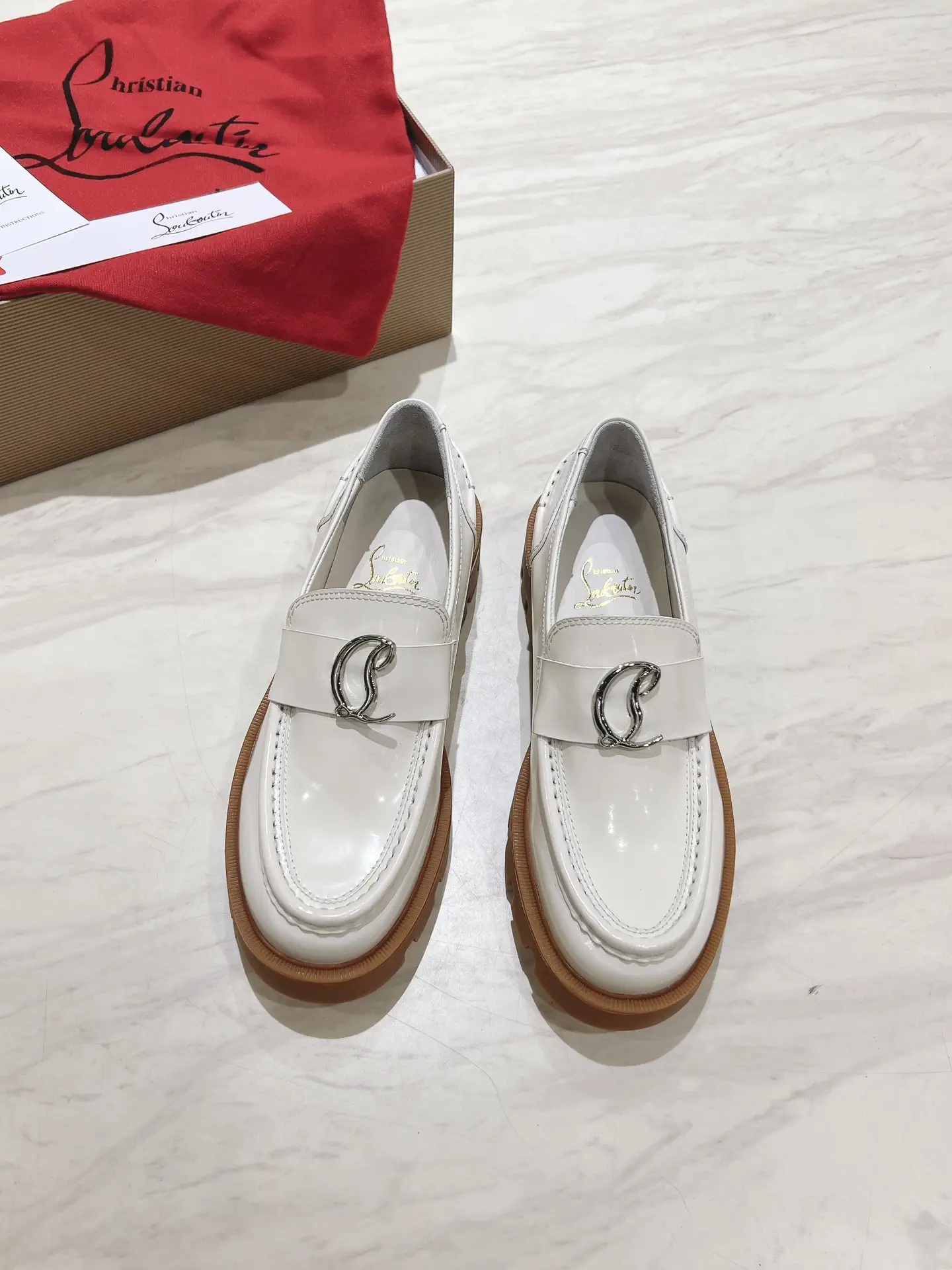 White Patent Leather Moc Loafers with CL Logo Accent image 1