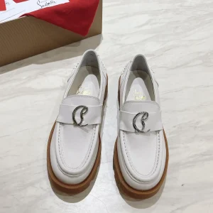 White Leather Moc Loafers with Metal Logo Accent image 1