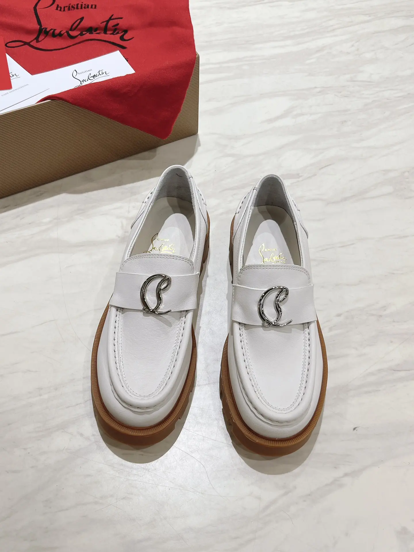 White Leather Moc Loafers with Metal Logo Accent image 1