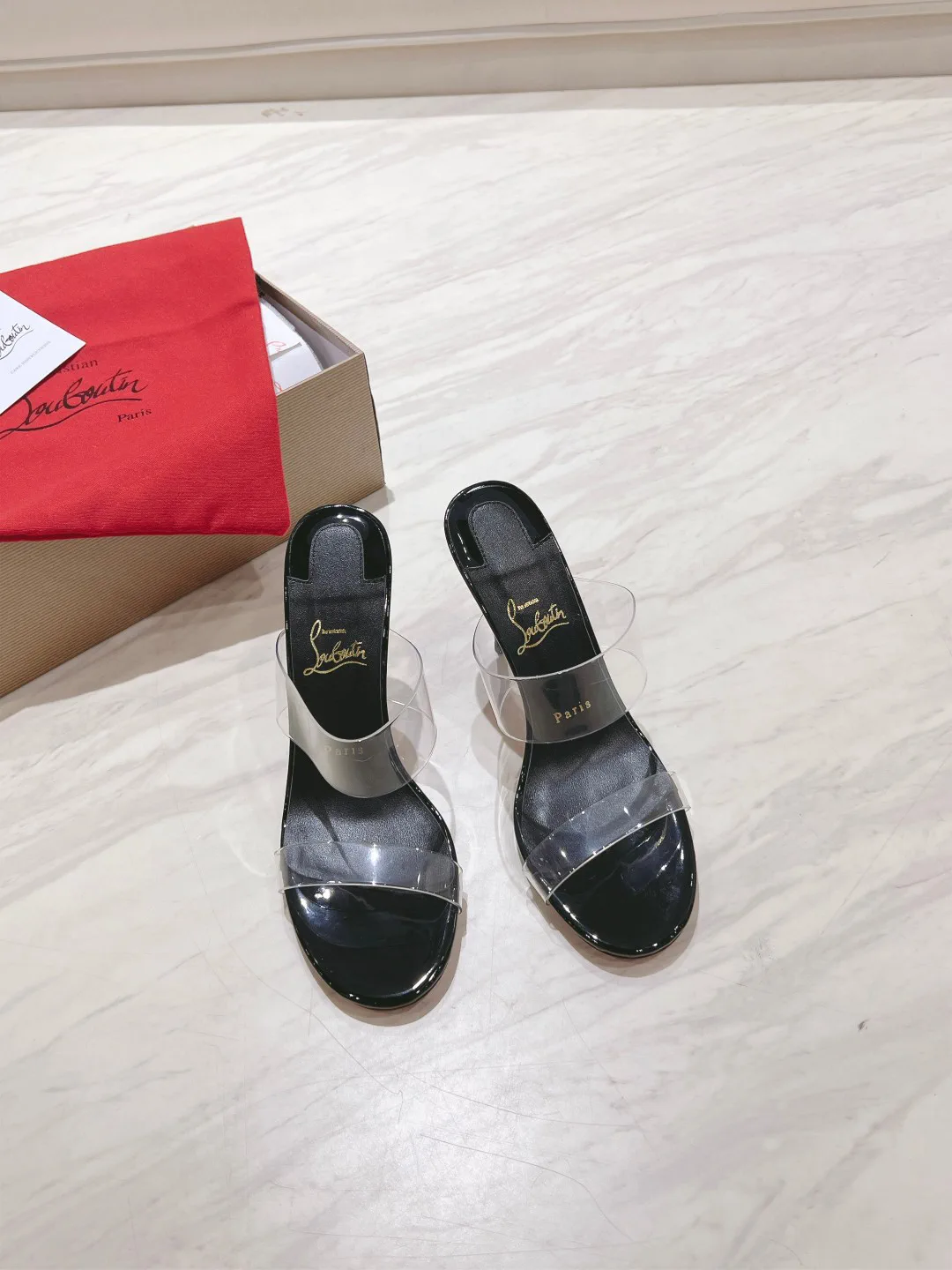 Two-Strap Clear Vinyl High Heel Slide Sandals image 1