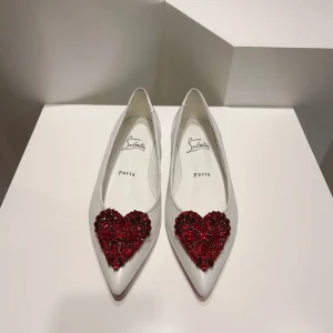 White Pointed Toe Pumps with Red Heart Crystal Embellishment image 1
