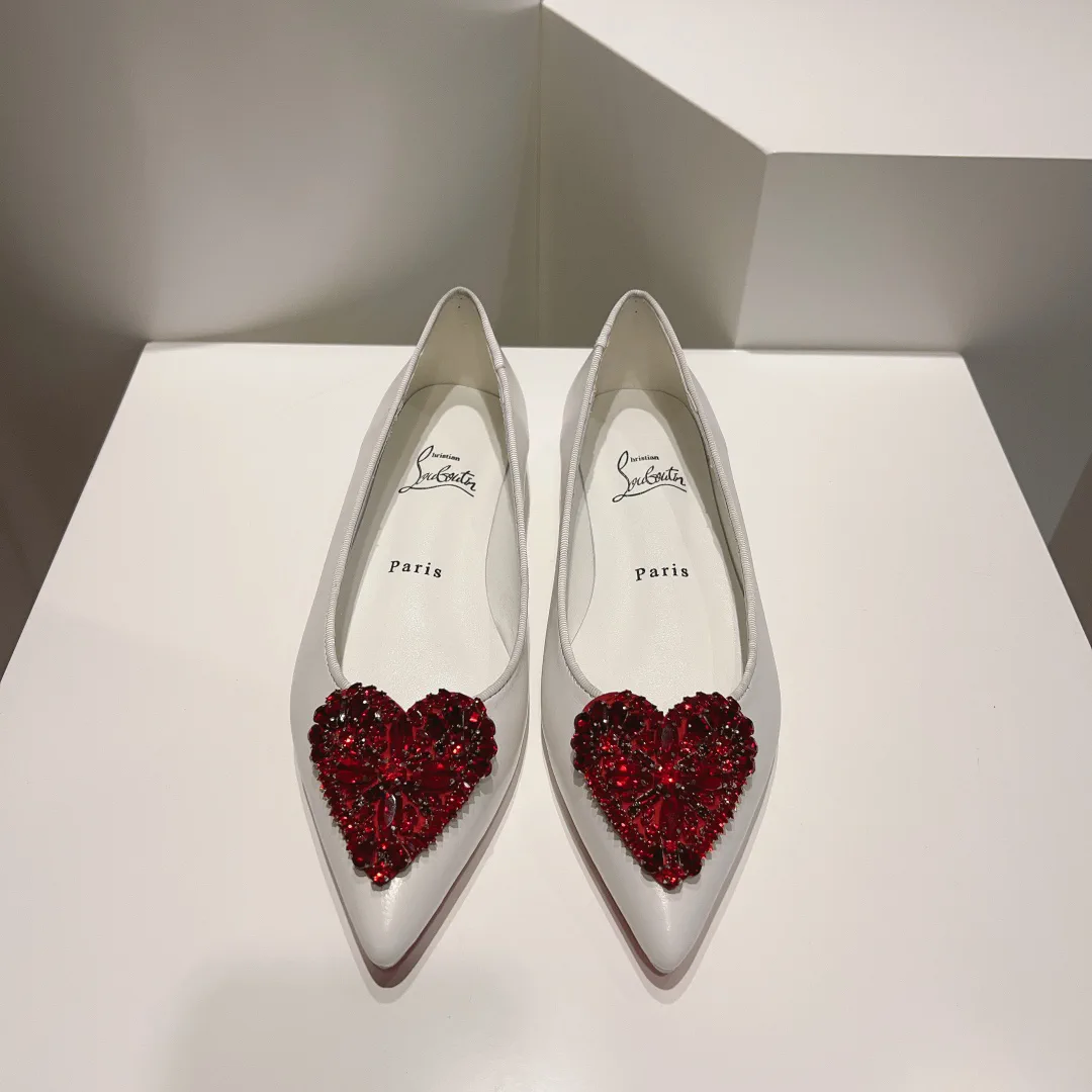 White Pointed Toe Pumps with Red Heart Crystal Embellishment image 1