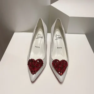 White Pointed Toe High Heels with Red Heart Crystal Embellishment image 1