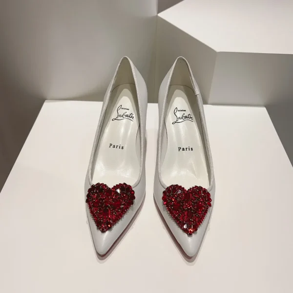 White Pointed Toe High Heels with Red Heart Crystal Embellishment image 1