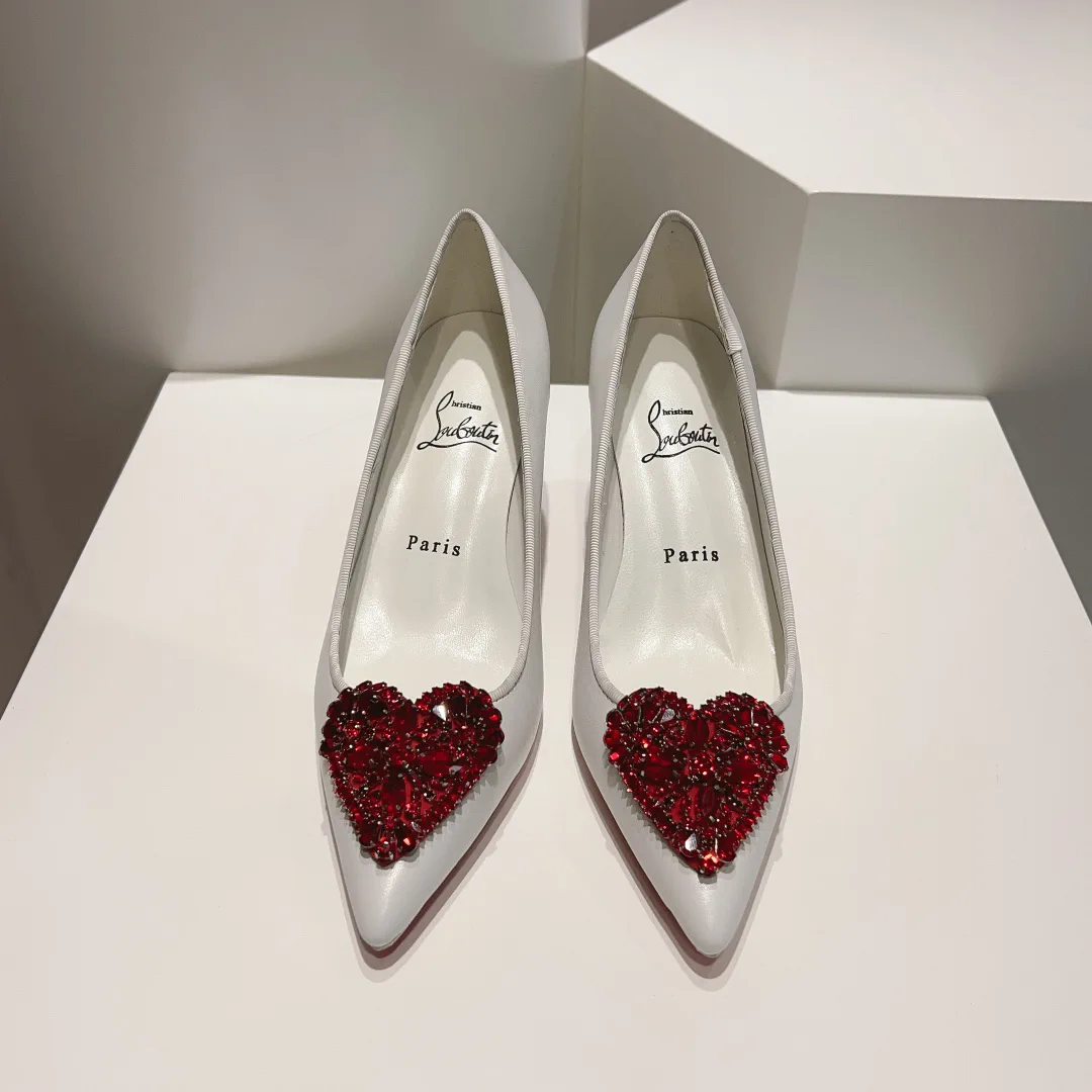 White Pointed Toe High Heels with Red Heart Crystal Embellishment image 1