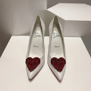 White Pointed Toe High Heels with Red Heart Crystal Embellishment image 1