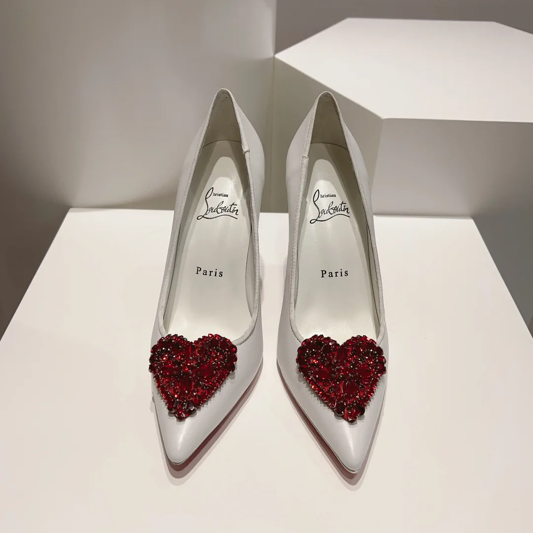 White Pointed Toe High Heels with Red Heart Crystal Embellishment image 1