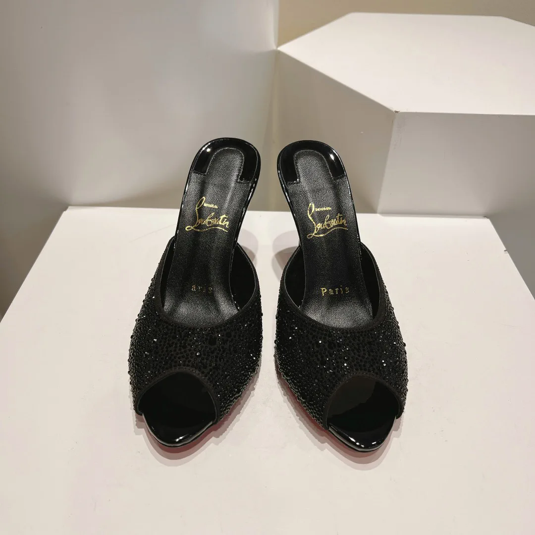 Rhinestone Peep Toe High Heel Mules image 1