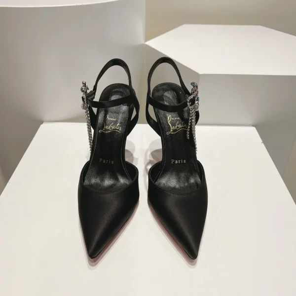 Pointed Toe Slingback High Heel Shoes with Rhinestone Buckle and Chain Tassel image 1