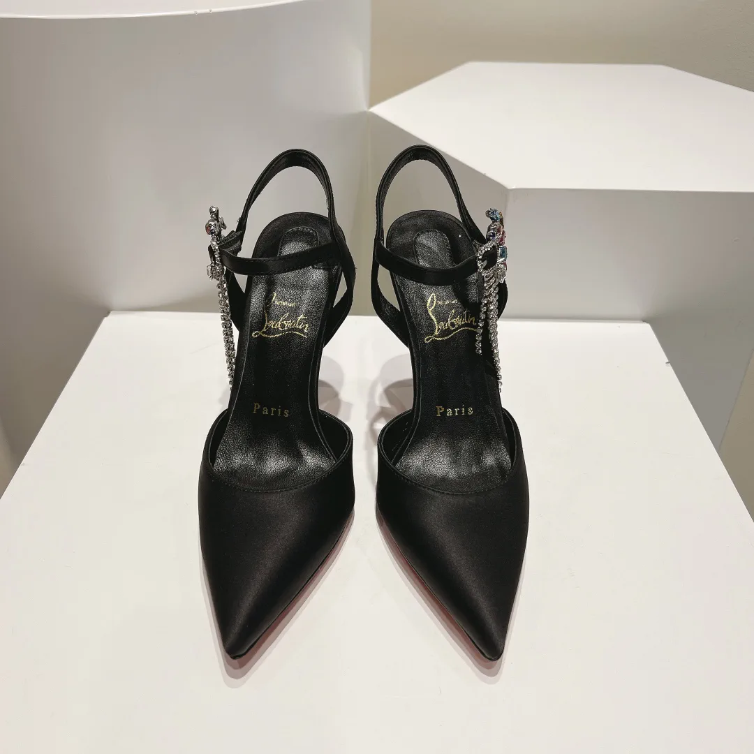 Pointed Toe Slingback High Heel Shoes with Rhinestone Buckle and Chain Tassel image 1