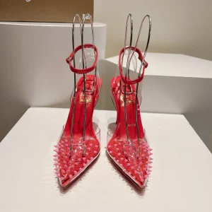 Pointed Toe High Heel Clear Rivet Ankle Strap Pumps image 1